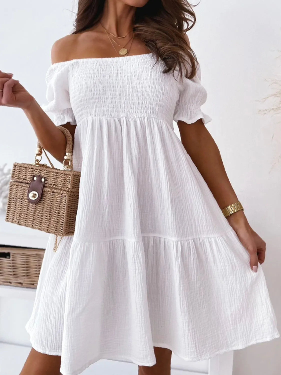Smocked Off-Shoulder Mini Dress Women's Dresses at Sophia's Style White / XL Smocked Off-Shoulder Mini Dress Women's Dresses at Sophia's Style White / XL