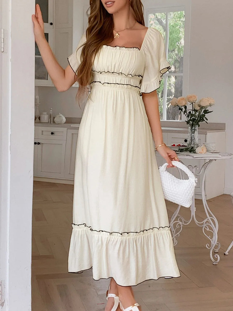 Square Neck Puff Sleeve Ruffle Trim Maxi Dress from OhSoStyled at