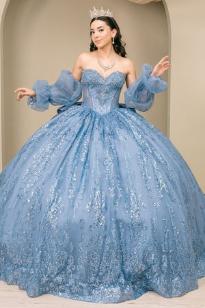 dusty blue quinceanera dresses Womens Beaded Quinceañera Ball Gown with Puff Sleeves 4/XS-16/3X Womens 14/2X / Dusty Blue Size:XXL (US 12/14)