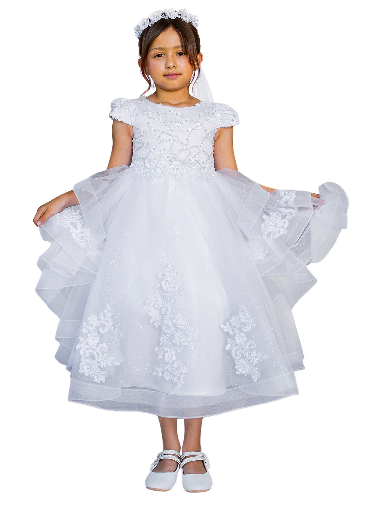 Girls White Satin 3D Flower Lace Adorned T-Length Communion Dress 6-16 from Cinderella Couture at Sophia's Style 16