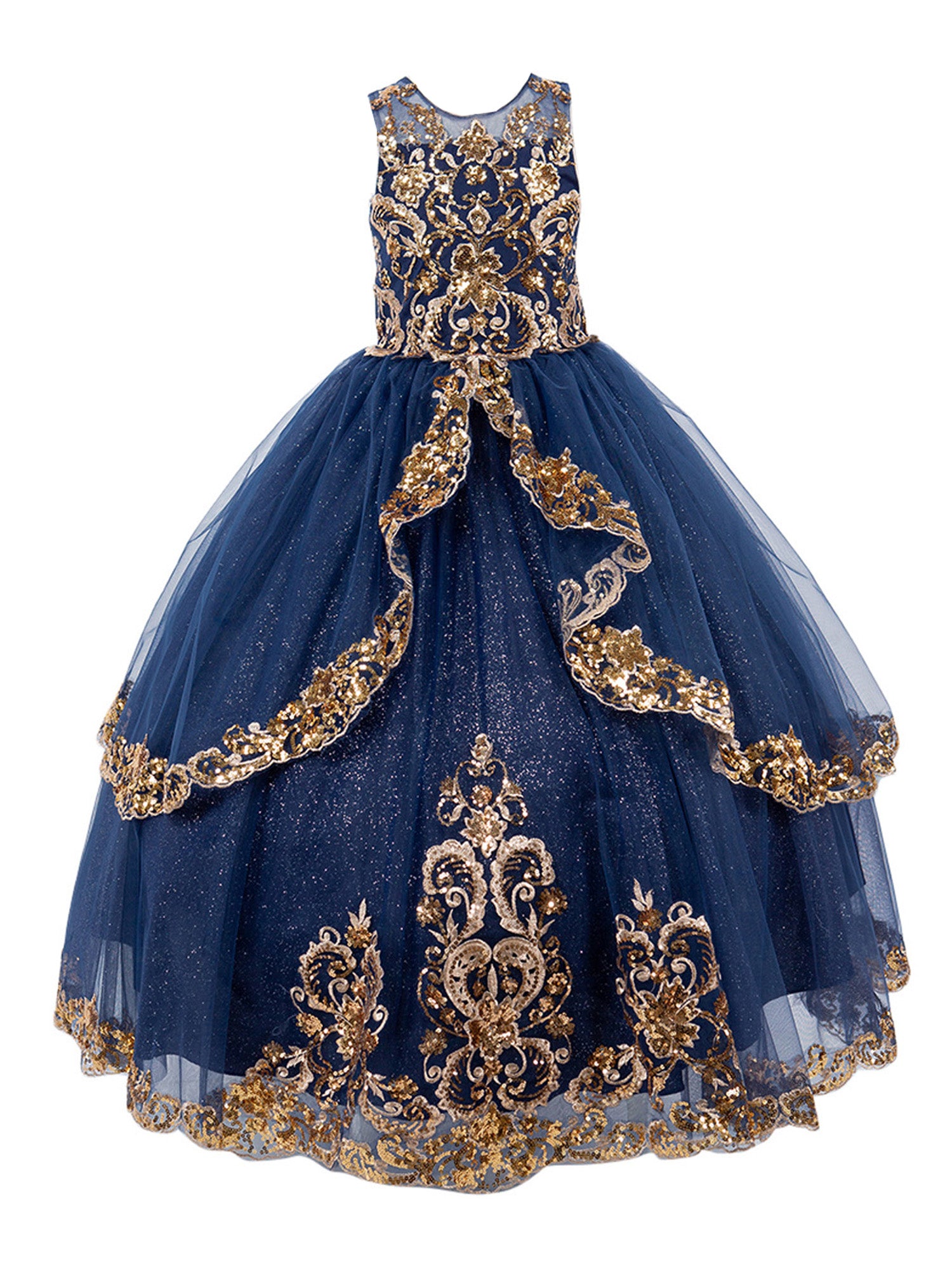 Girls Navy Two Tone Golden Lace Glittered Tulle Ball Gown, Sizes - Main Image