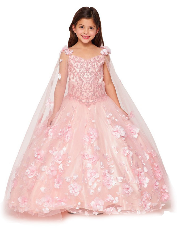 Bliss Big Girls Blush 3D Stone Pearl Sweetheart Floral Cape Ball Gown SophiasStyle