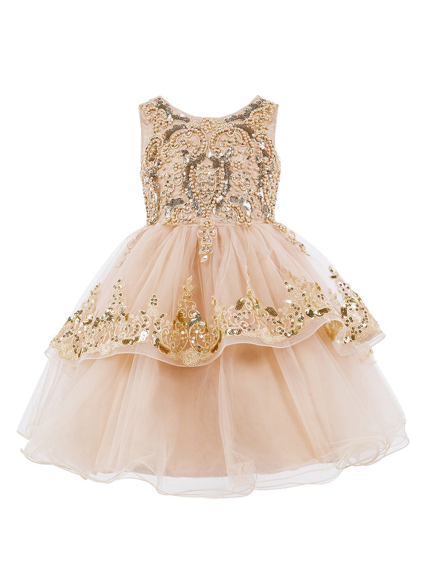 slim fit dress slacks Ivory Lace Tulle V Back Wedding Flower Girl Dress, Gold Sequin Bow