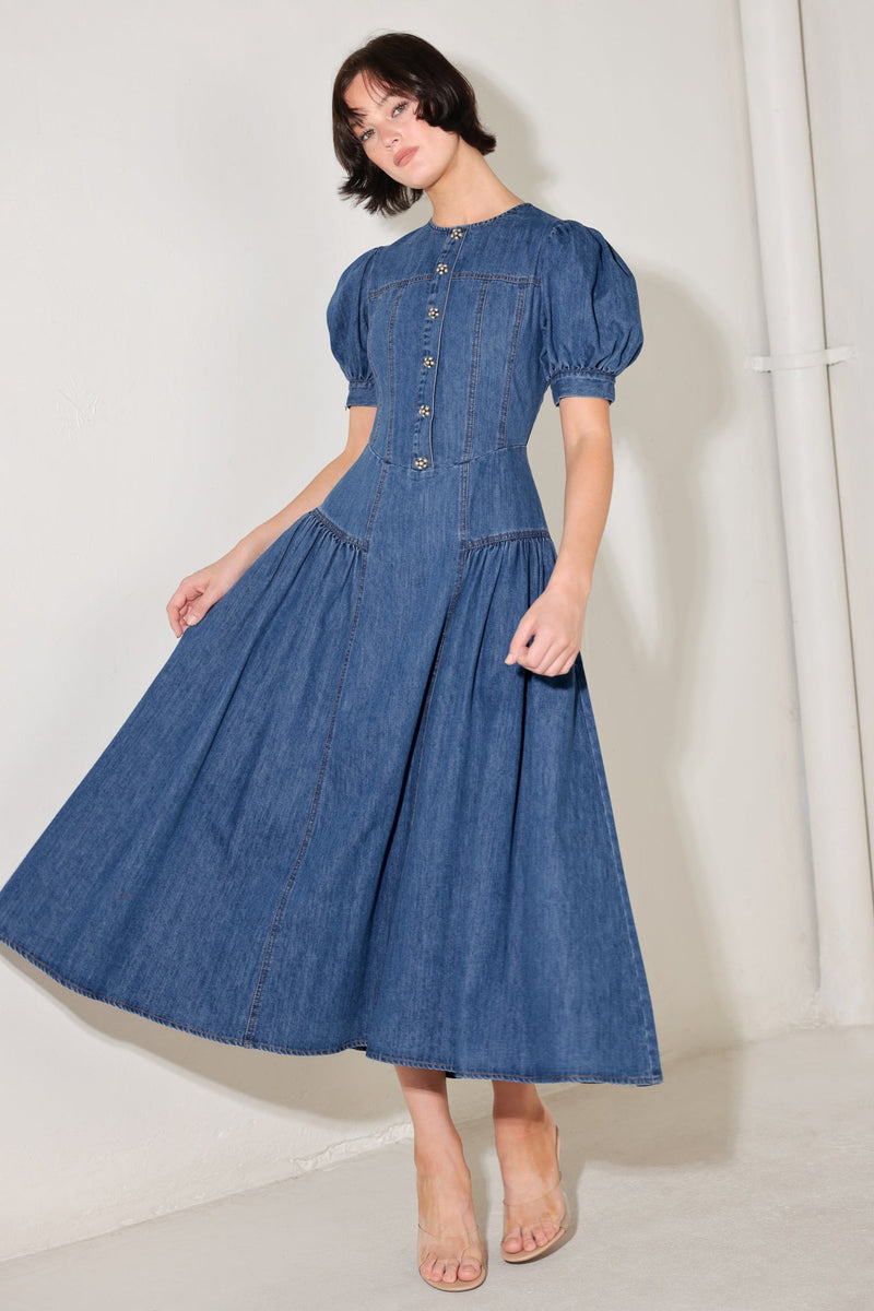 MIDDAY IN BLUE DENIM MIDI DRESS at Sophia's Style – SophiasStyle.com