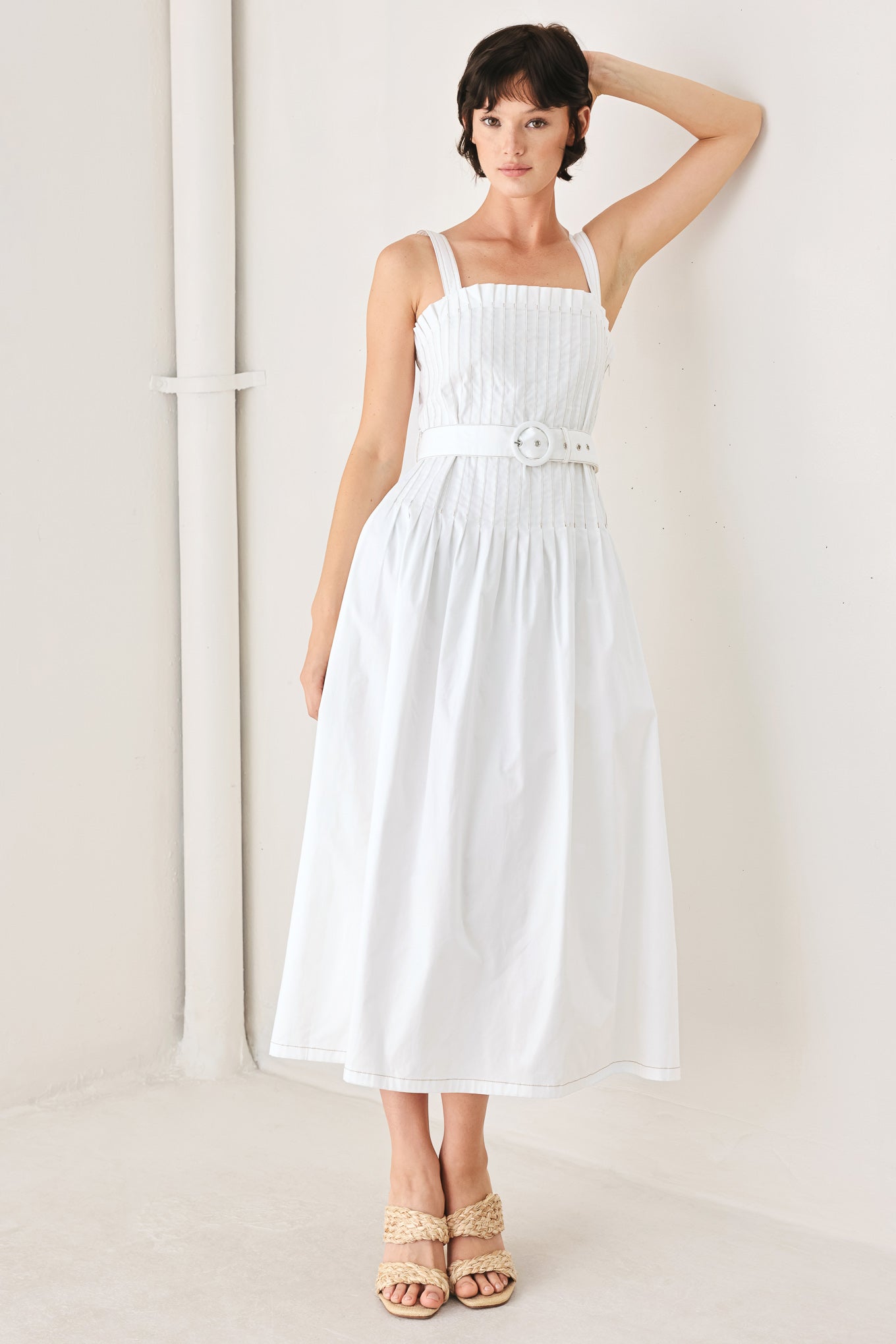 casual women's white dress GaThRRgYP formal Dresses for Women,Women's Casual Printed Pleated Elastic  Waist Sleeveless V-Neck Dress White XL