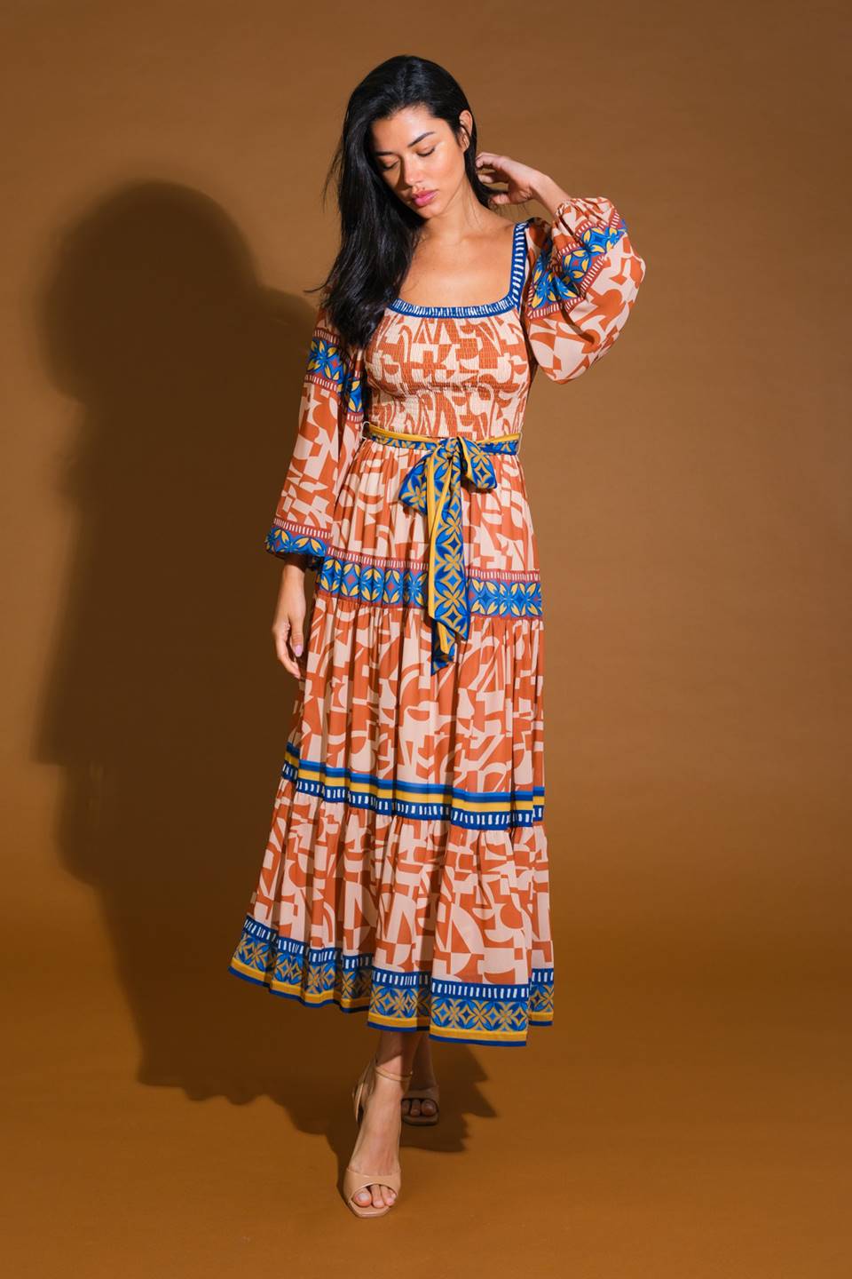 sophia smocked midi dress BITTER SWEET WOVEN MIDI DRESS l FLYING TOMATO SAGE BROWN / S