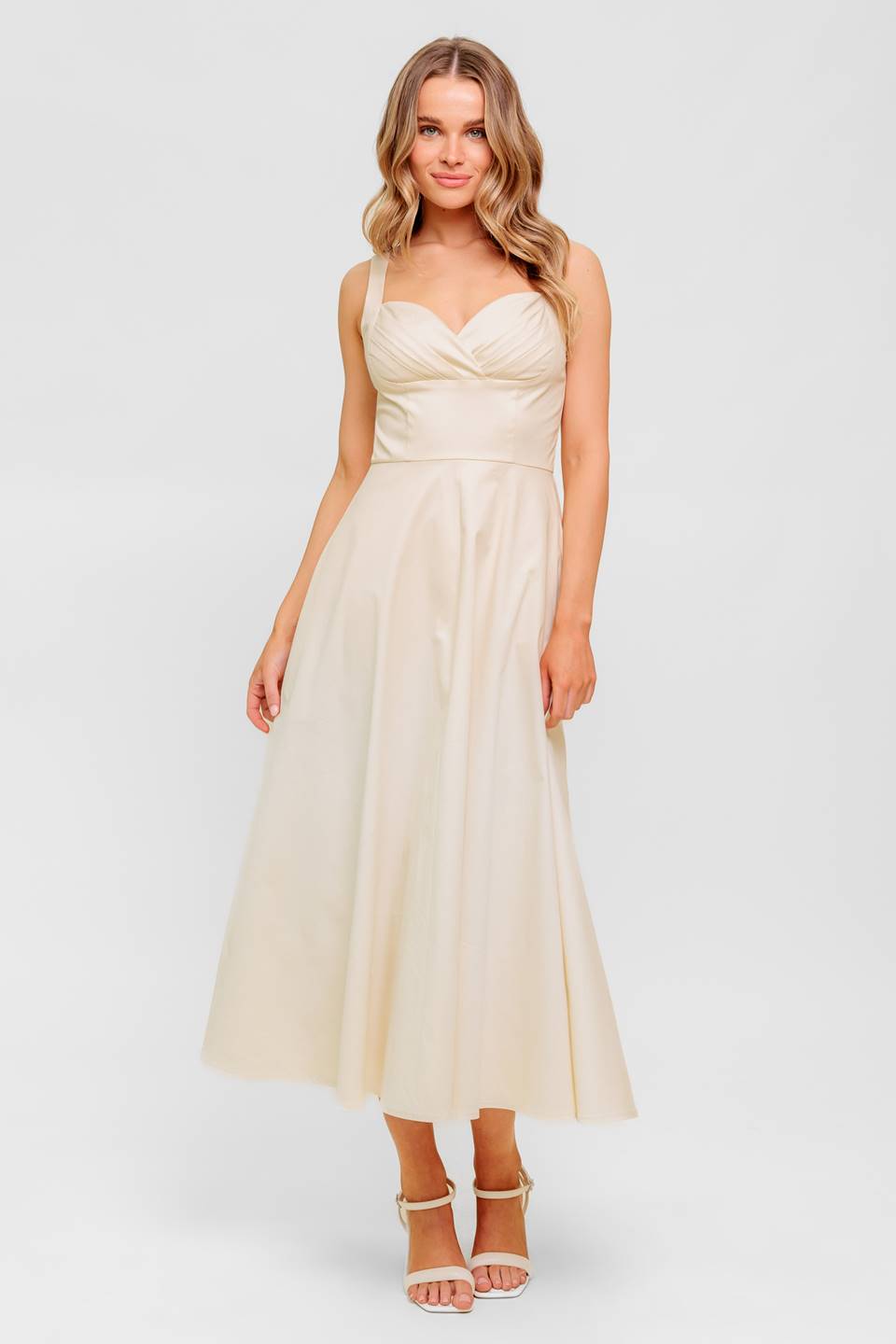 tan satin midi dress OCEAN SHEEN TENDER CREAM WOVEN MIDI DRESS CREAM / L