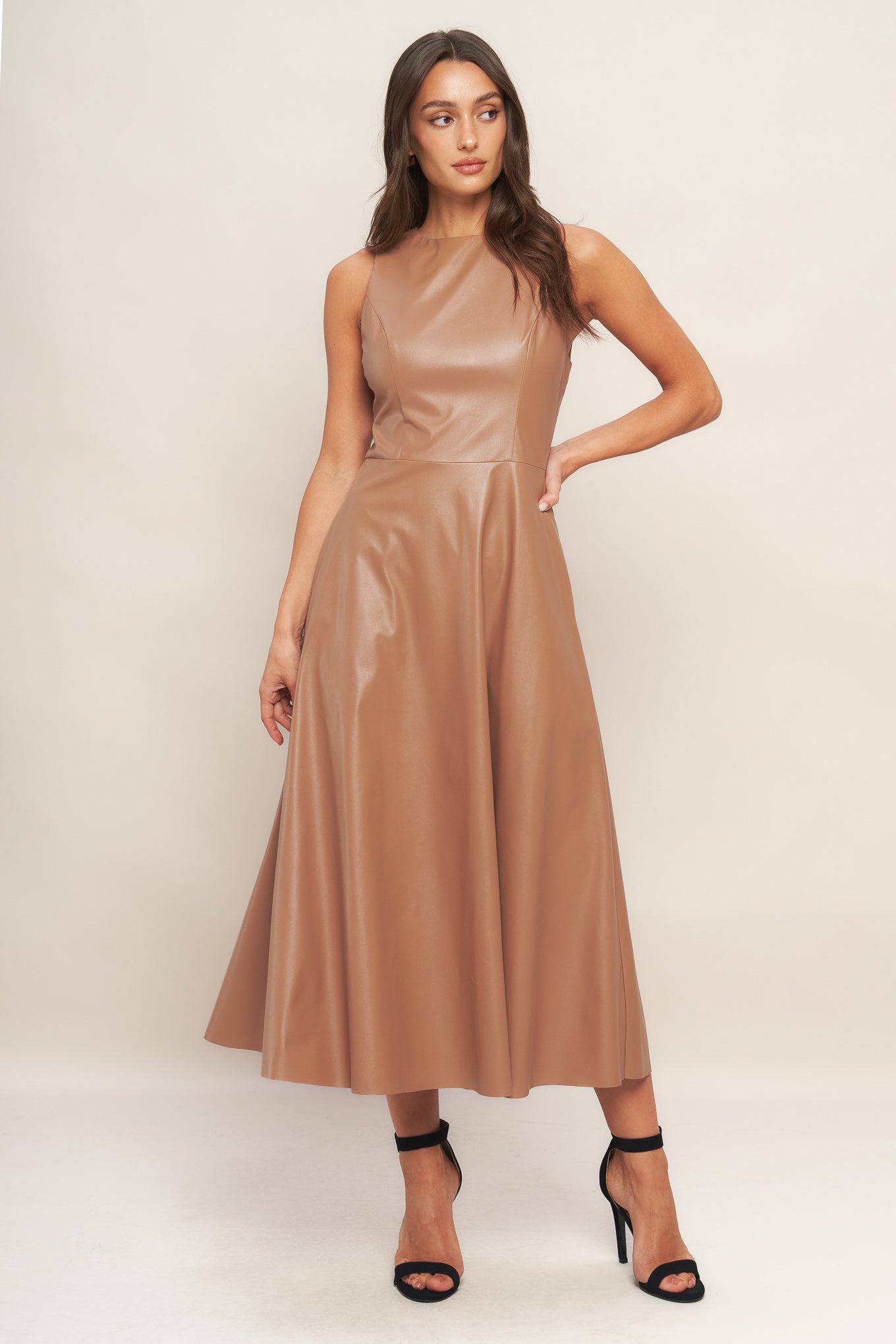 blue dress for baby girl Bare Sophistique Faux Leather Midi Dress Camel / M