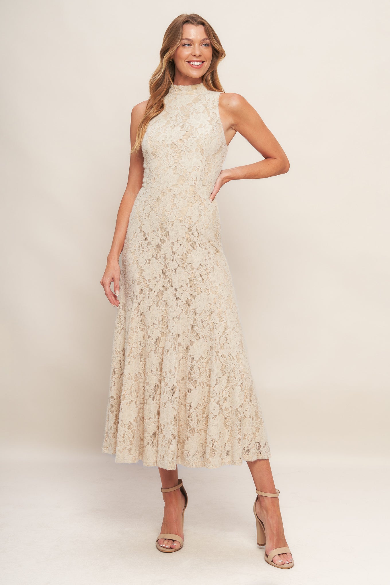 Elegant Floral Stretch Lace Midi Dress BEIGE / S