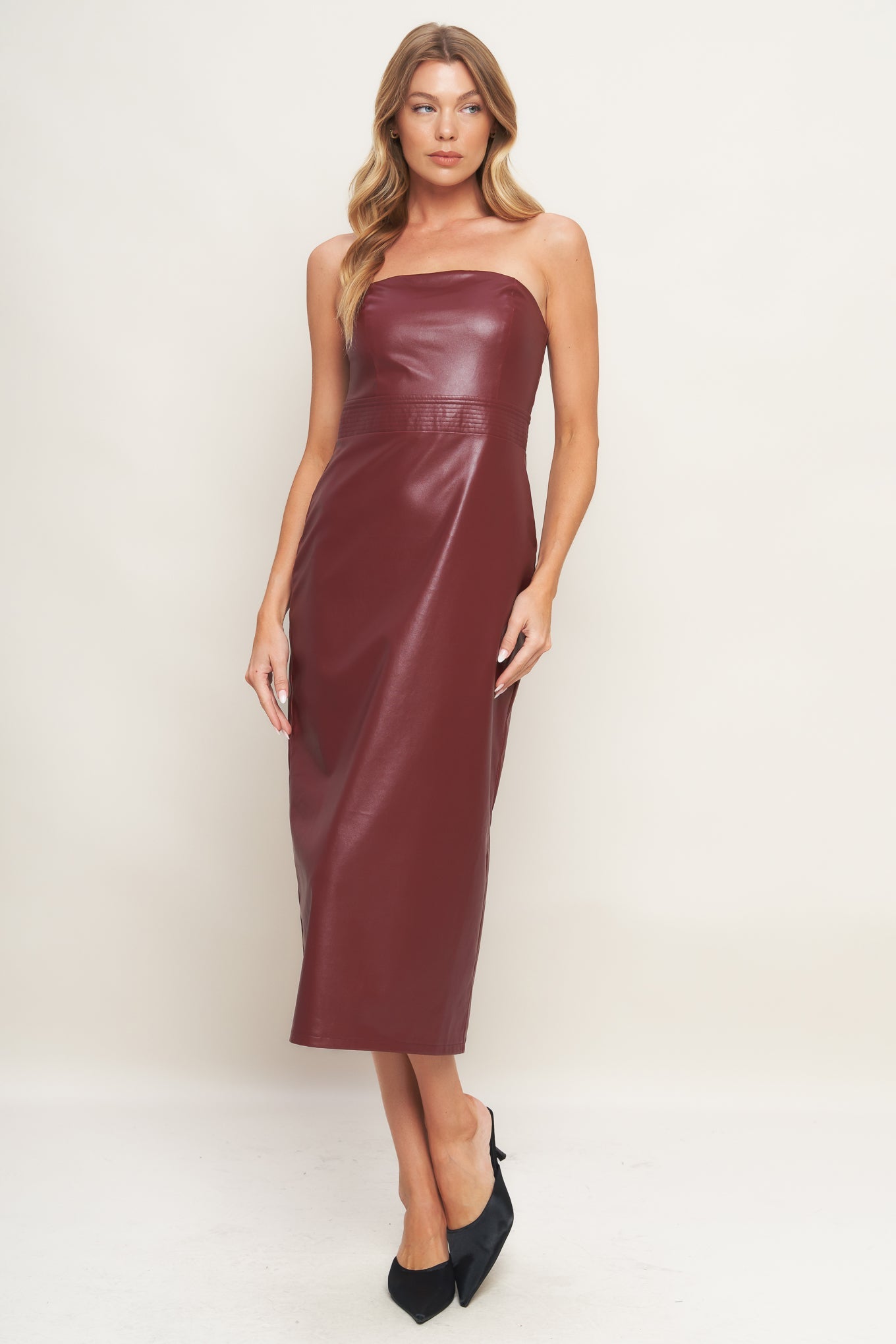 Runway Trend Faux Leather Midi Dress L Flying Tomato Burgundy / M