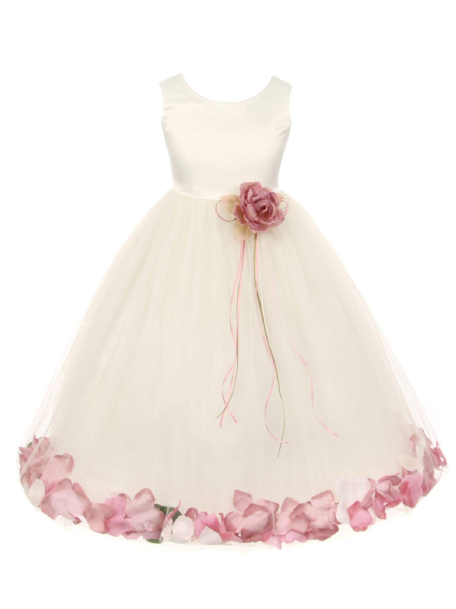 Ivory Satin Flower Petal Girls Plus Size Dress 16.5 / Ivory / Dusty Rose
