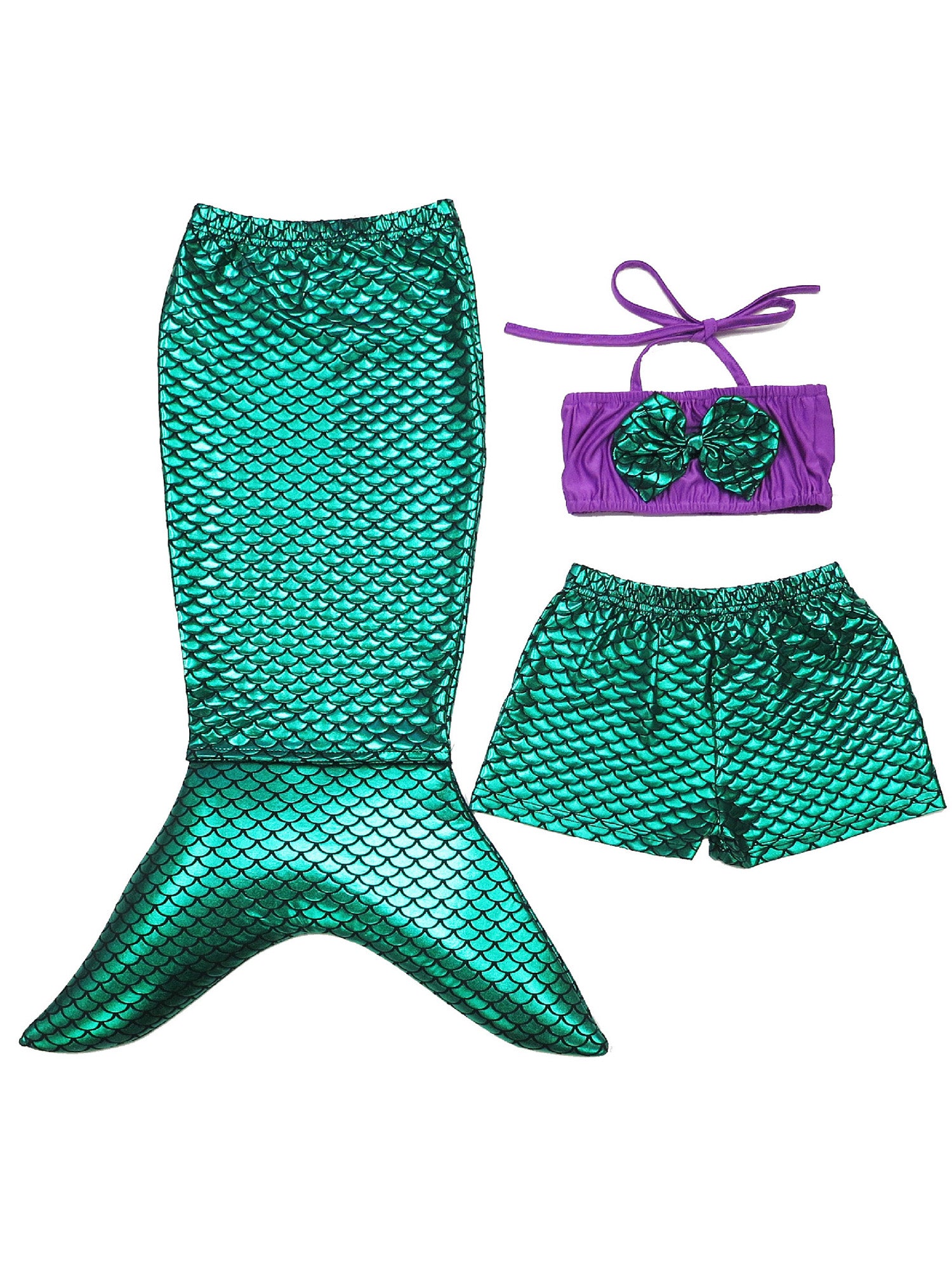 Wenchoice Girls Green Mermaid Tail Top Shorts 3 Pcs Swimming Set 9m-8, M(2-4)
