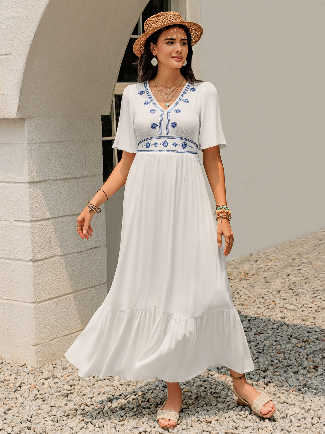 Ruffled Hem V-Neck Flutter Sleeve Dress from OhSoStyled at Sophia's Style White / S Ruffled Hem V-Neck Flutter Sleeve Dress from OhSoStyled at Sophia's Style White / S
