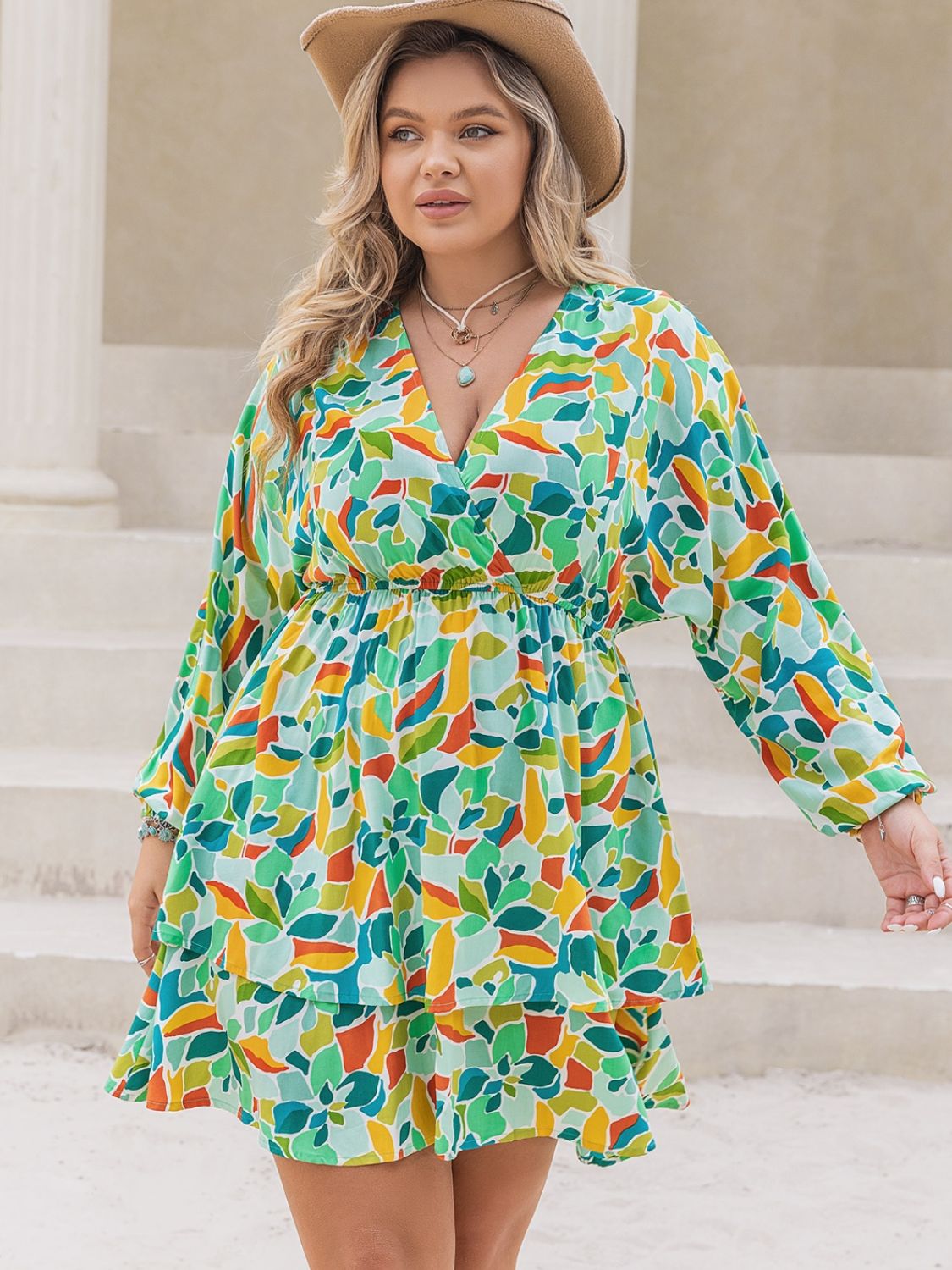 Wholesale MOQ6 Plus Size Printed Surplice Long Sleeve Mini Dress