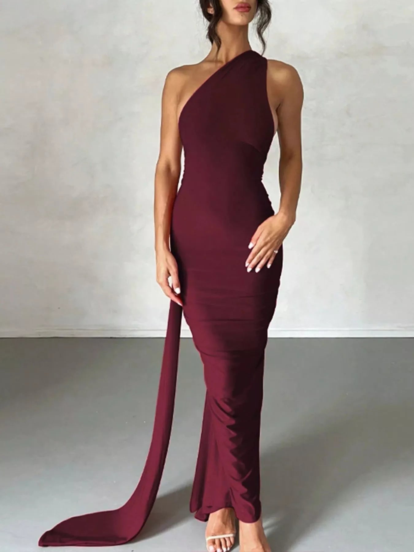 Backless One-Shoulder Ruched Bodycon Maxi Dress from OhSoStyled at Sophia's Style Burgundy / L