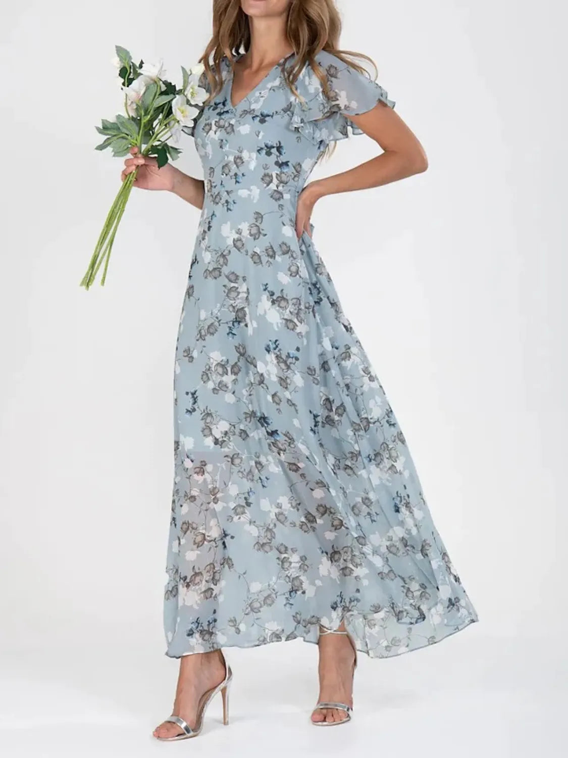 flutter sleeve asymmetrical floral maxi dress Floral V-Neck Flutter Sleeve Maxi Dress at Sophia's Style Light Blue / 3XL