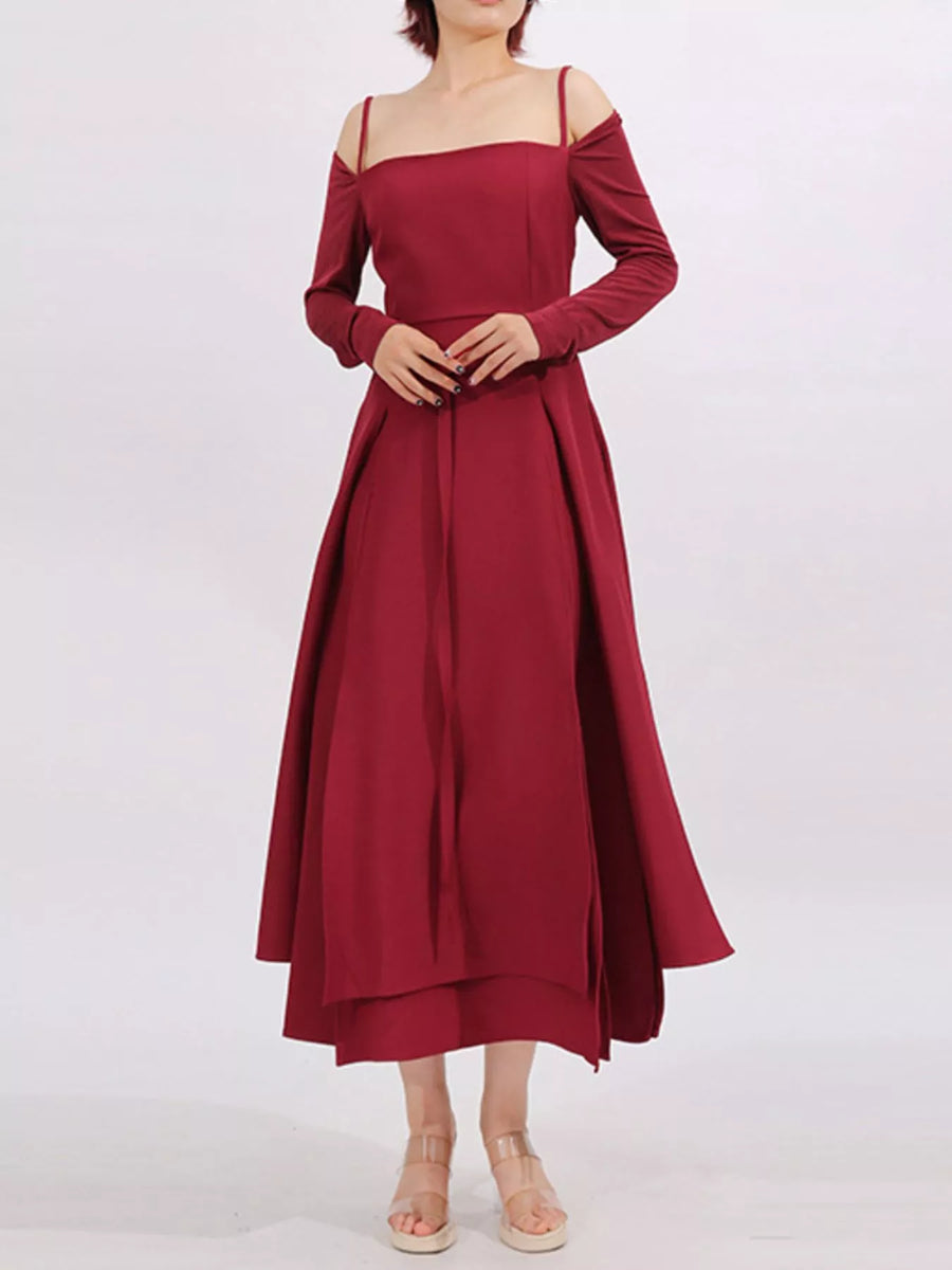Pleated Spaghetti Straps Zipper Slimming Dress With Slit Navy Blue
