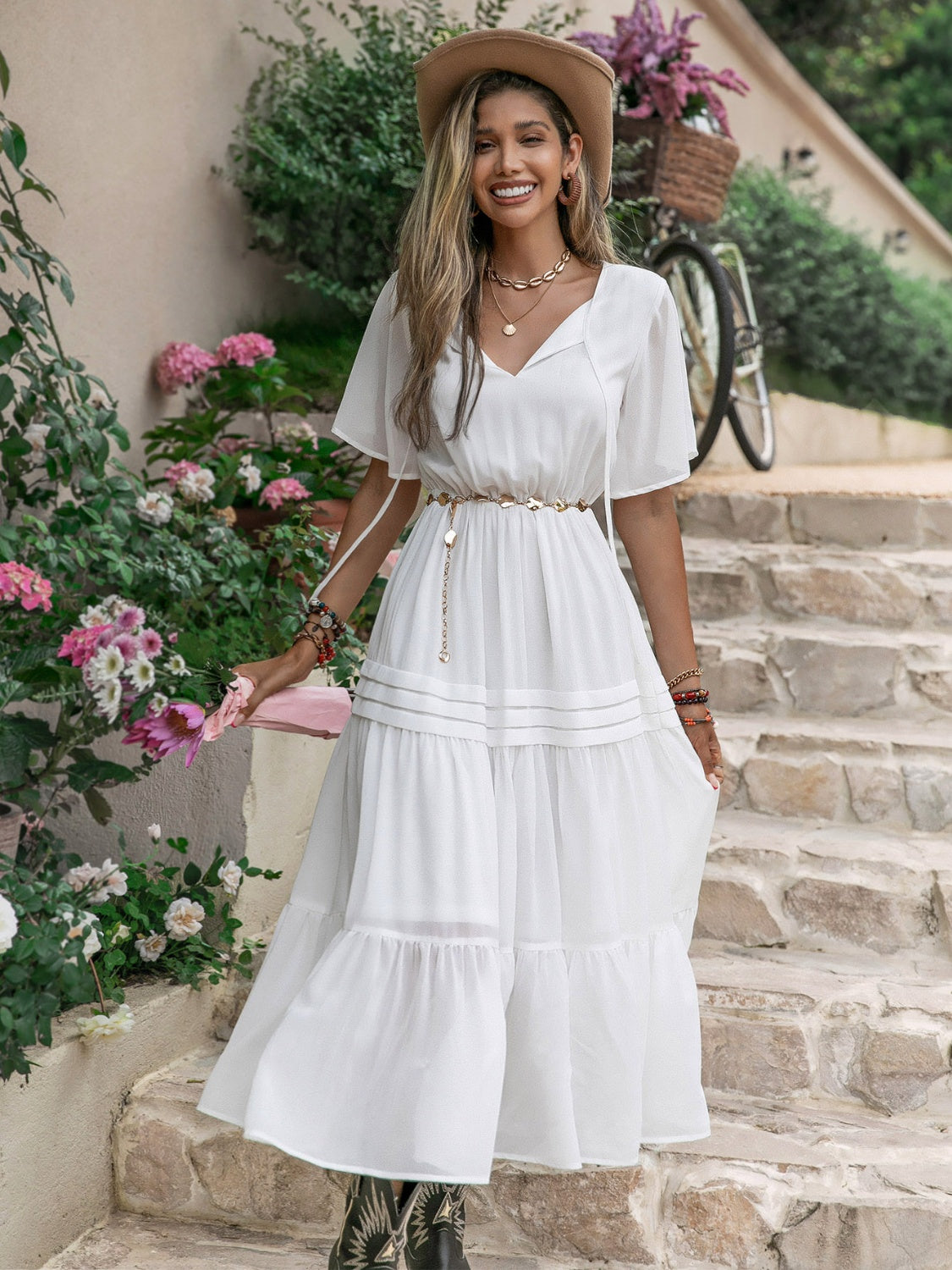 slim fit dress slacks Simple A Line V Neck Floor Length Backless White Long Prom Dresses, Wh –  abcprom main image 0
