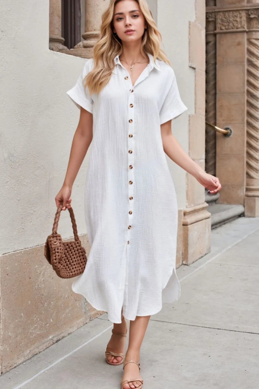 knee length dresses for ladies Blue Floral Short Sleeve Midi Dress - Casual Dresses main image 1