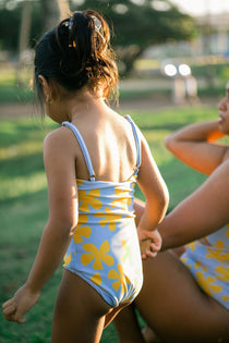 Girl's Strappy One Piece in Light Blue Plumeria