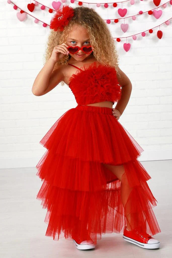 Girls Ruby Red Ruffle Layered Tulle Top Skirt 2 Piece Set, 12M-14 ...