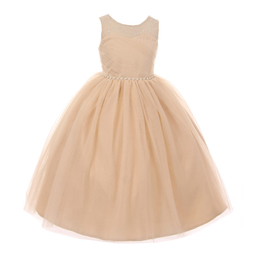 RainKids Little Girls Champagne Pearl Rhinestone Tulle Flower Girl Dress 2-6, 6