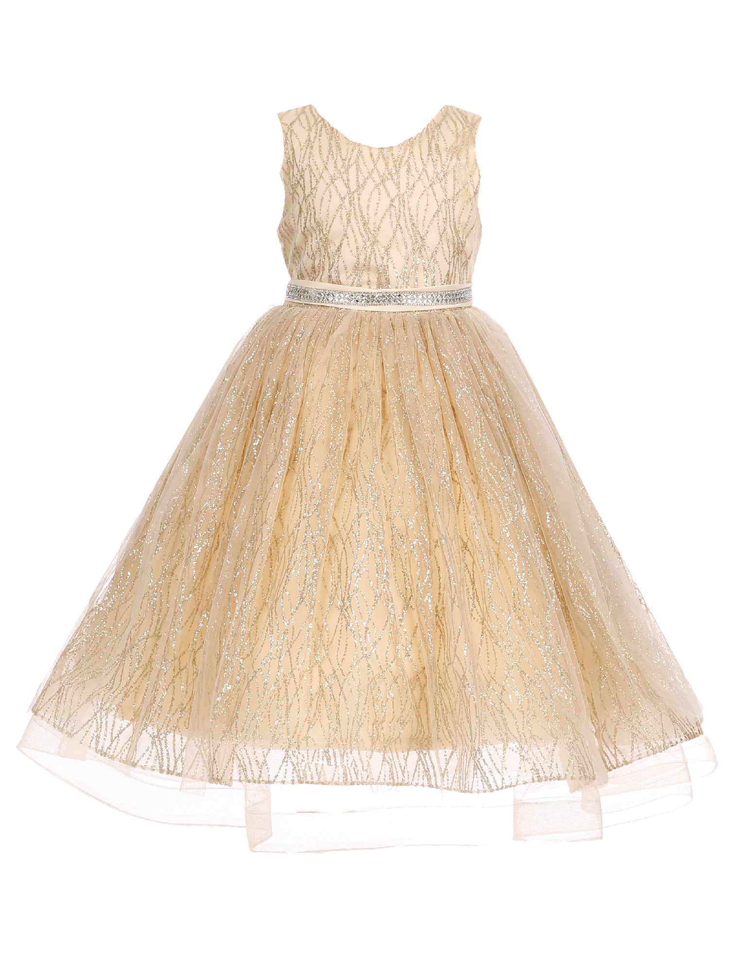 Little Girls Champagne Gold Glitter Tulle Sleeveless Flower Girl Dress 4
