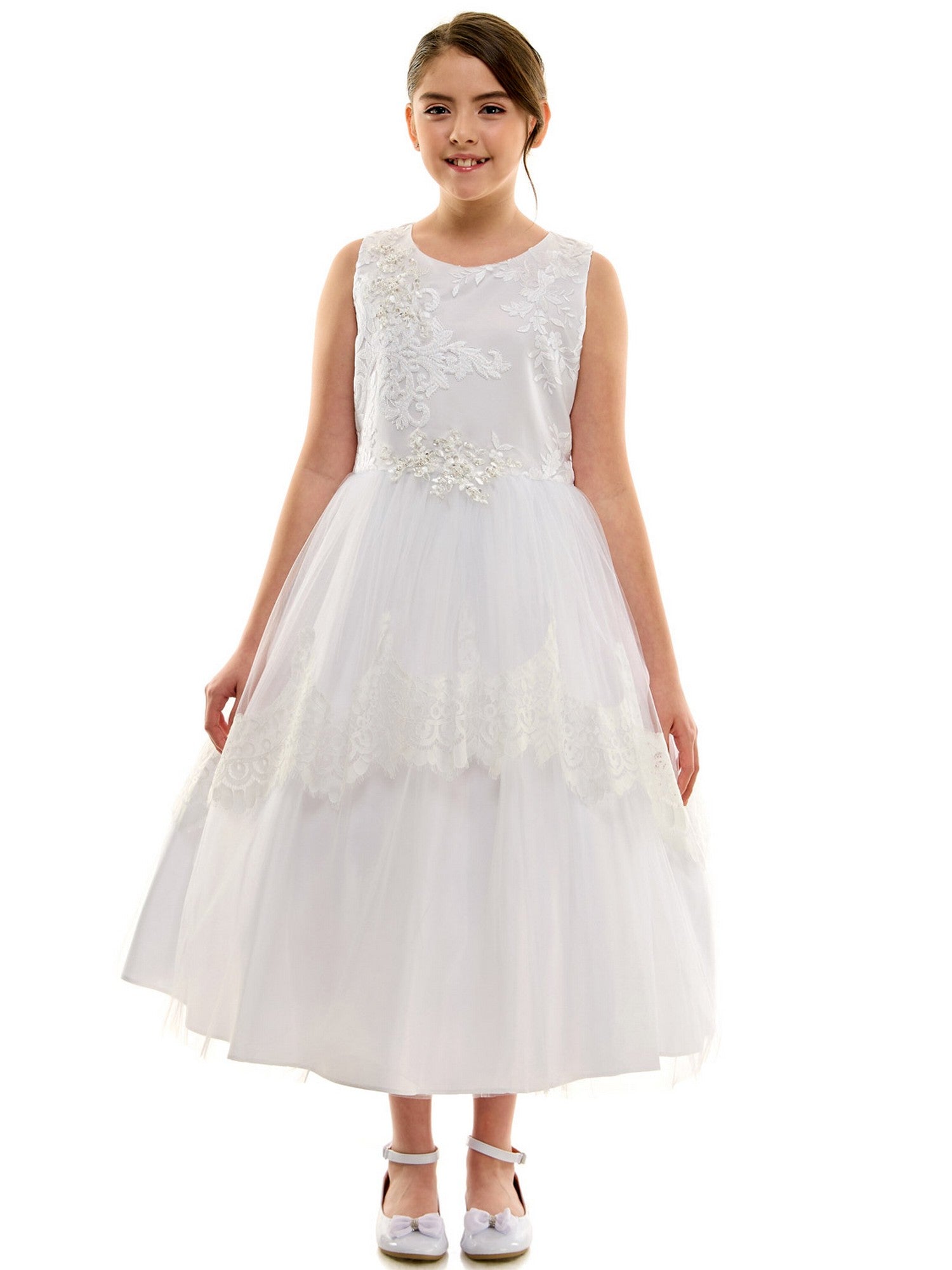 Big Girls White Beaded Lace Bodice Skirt Hem Communion Dress 8-16 from Petite Adele at Sophia's Style 10