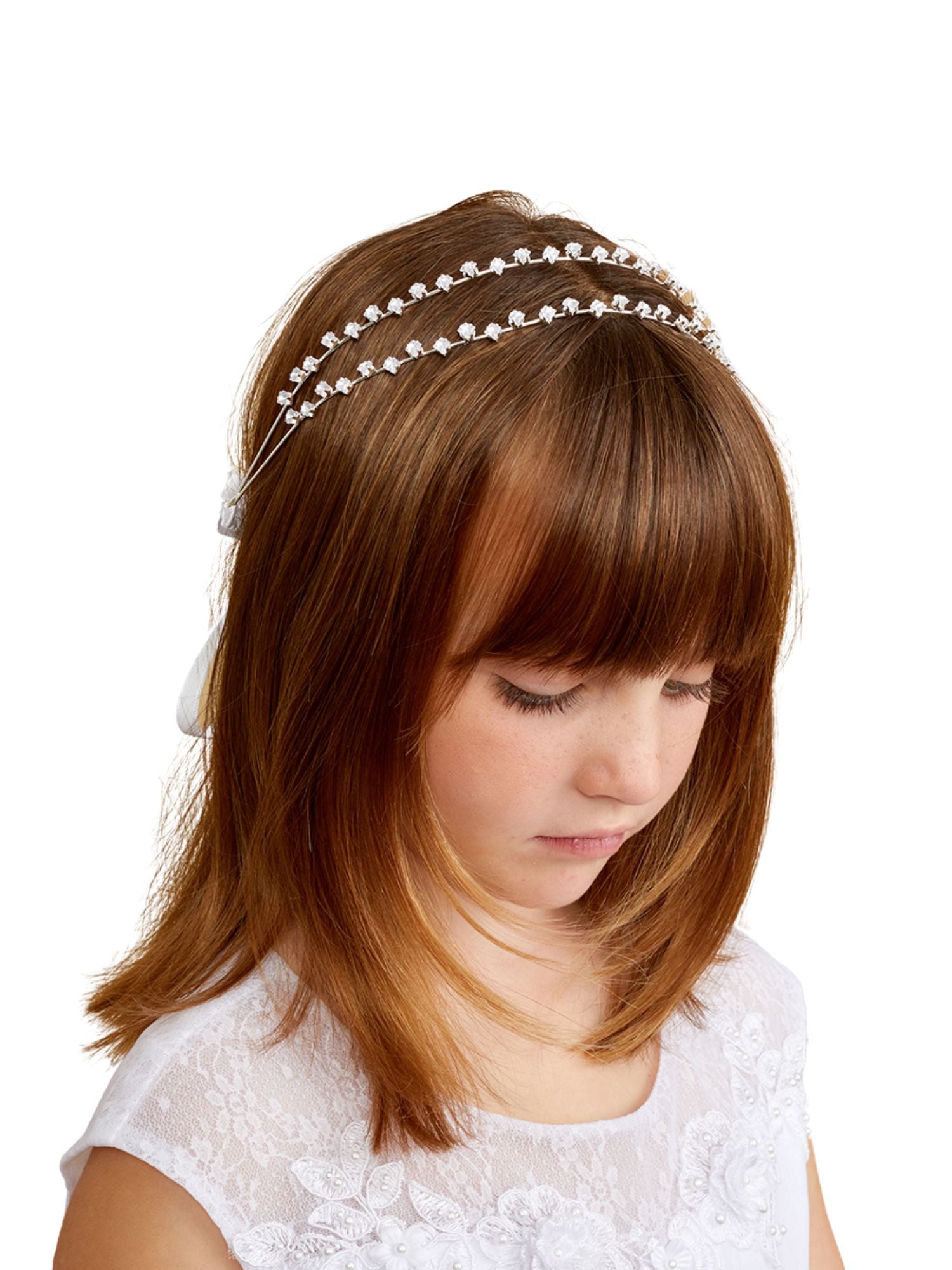 Religious Art First Communion White Satin Bow Headband with Tulle Veil, 25  Inch