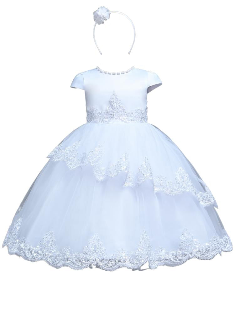 Girls Sequin Beaded Lace Christening Dress with Pearl Accents and Matching Headband Sizes 6m-6t 3