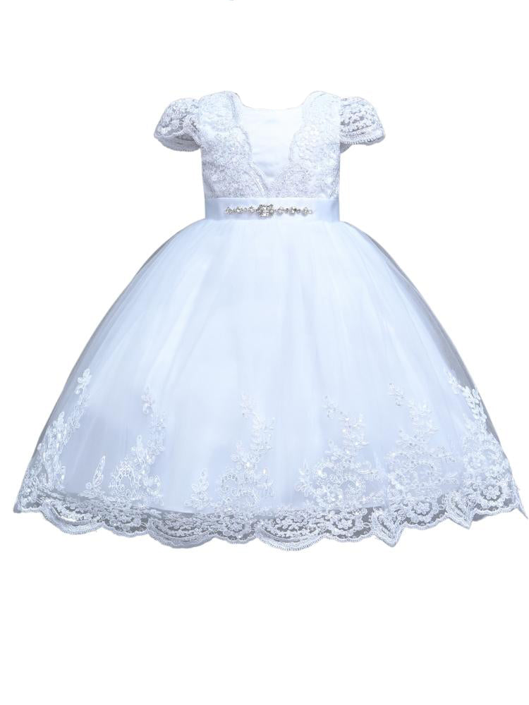 Girl Sequin Beaded Lace Christening Dress with Waist Tie and Matching Headband Sizes 6M-6T 4 Girl Sequin Beaded Lace Christening Dress with Waist Tie and Matching Headband Sizes 6M-6T 4