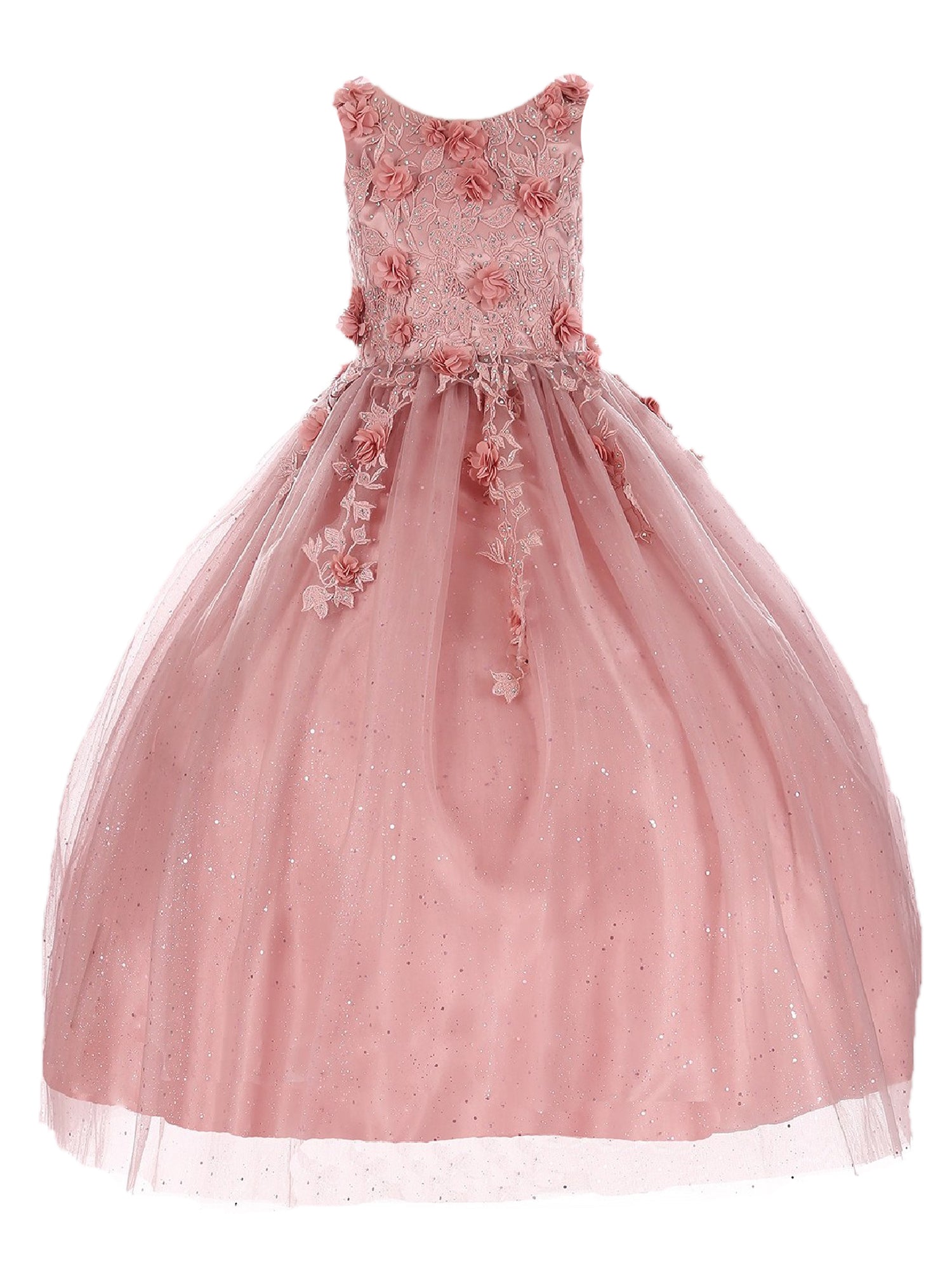 Little Girls Dusty Rose 3D Flower Rhinestone Tulle Flower Girl Dress 6