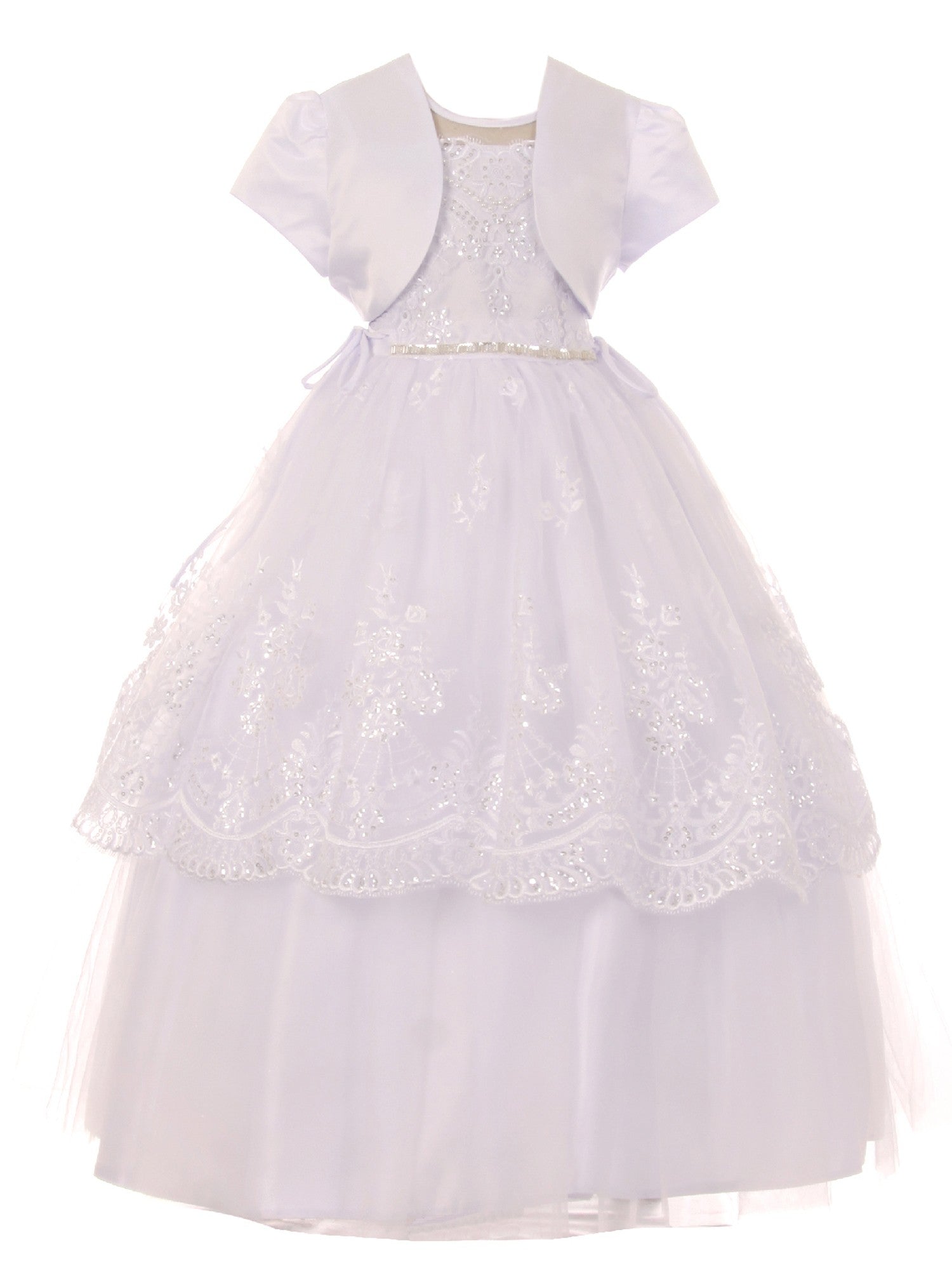 Big Girls White Pearl Sequin Floral Lace Tulle Satin Bolero Communion Dress 7