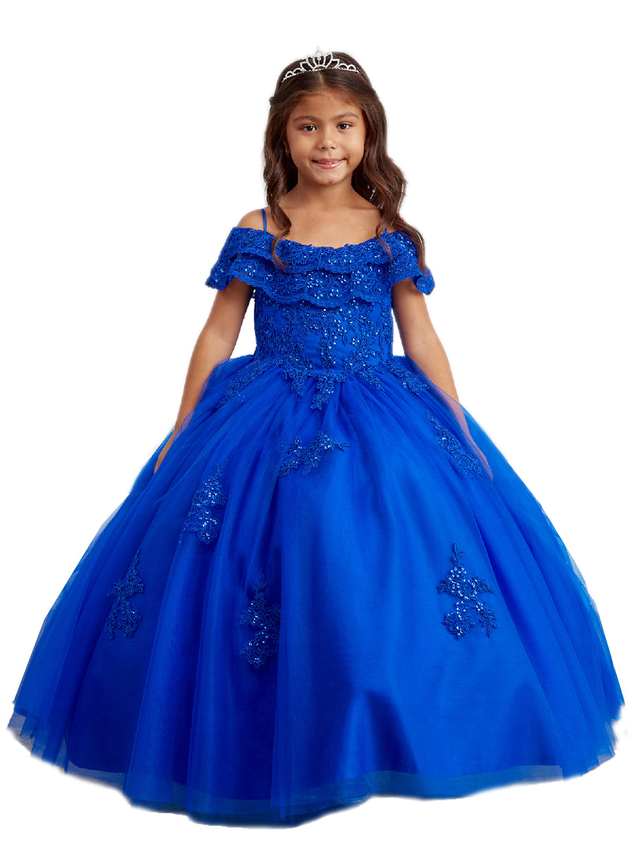 Big Girls Royal Blue Double Layer Lace Overlay Off Shoulder Pageant Dr ...