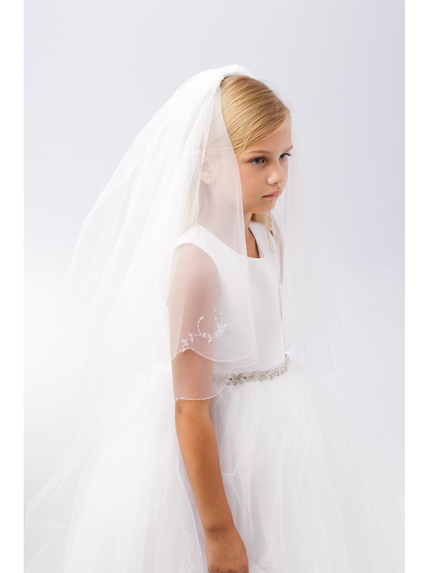 First Communion Veil, Floral & Rhinestone, 2-Tiered, Corded Veil