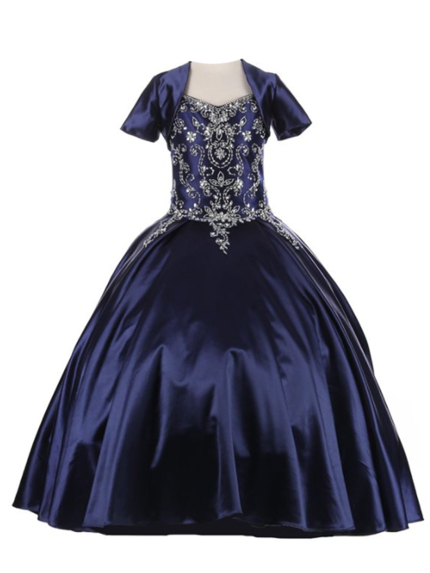 Little Girls Navy Cap Shoulder Rhinestone Beaded Fringe Ball Gown 2