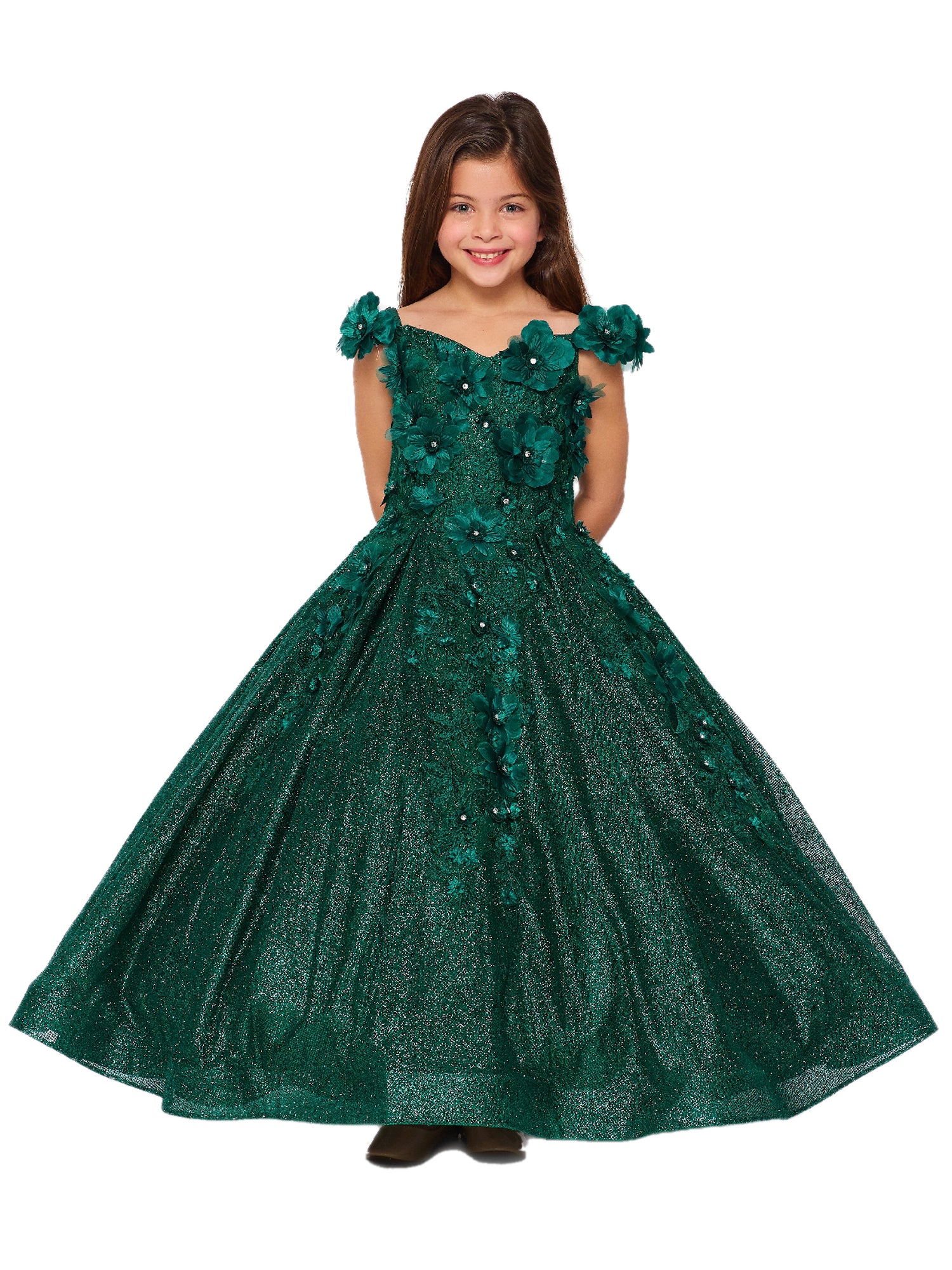 Bliss Little Girls Hunter Green 3D Floral Applique Off Shoulder Ball Gown 2-6 4 Bliss Little Girls Hunter Green 3D Floral Applique Off Shoulder Ball Gown 2-6 4