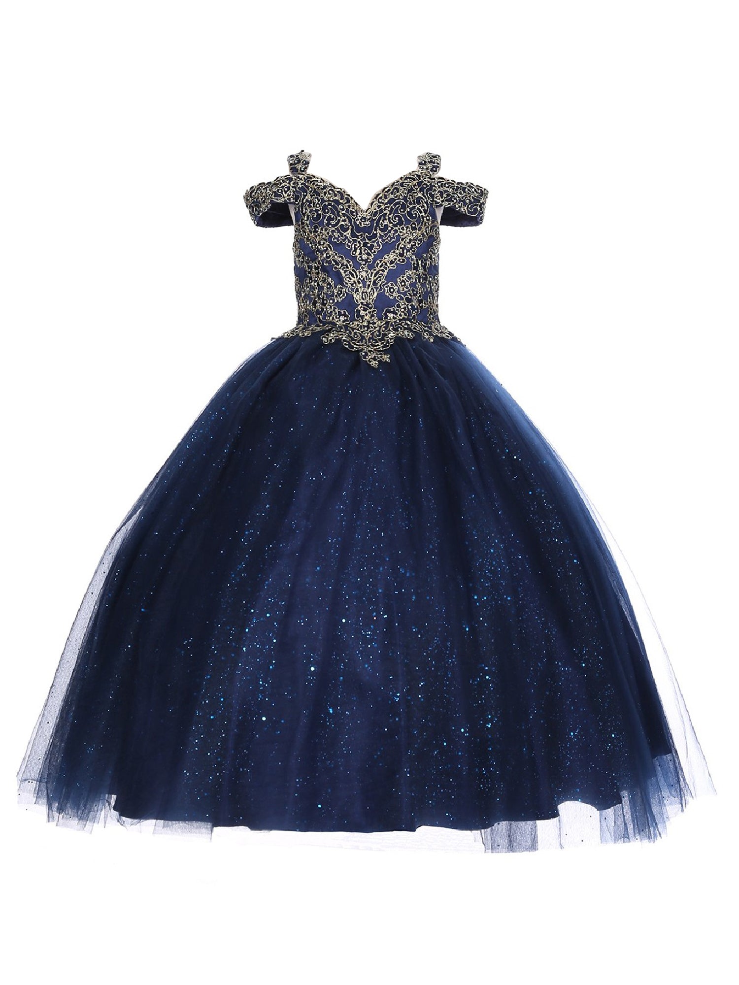 Bliss Little Girls Navy Gold Coiled Rhinestone Off Shoulder Ball Gown 2-6
