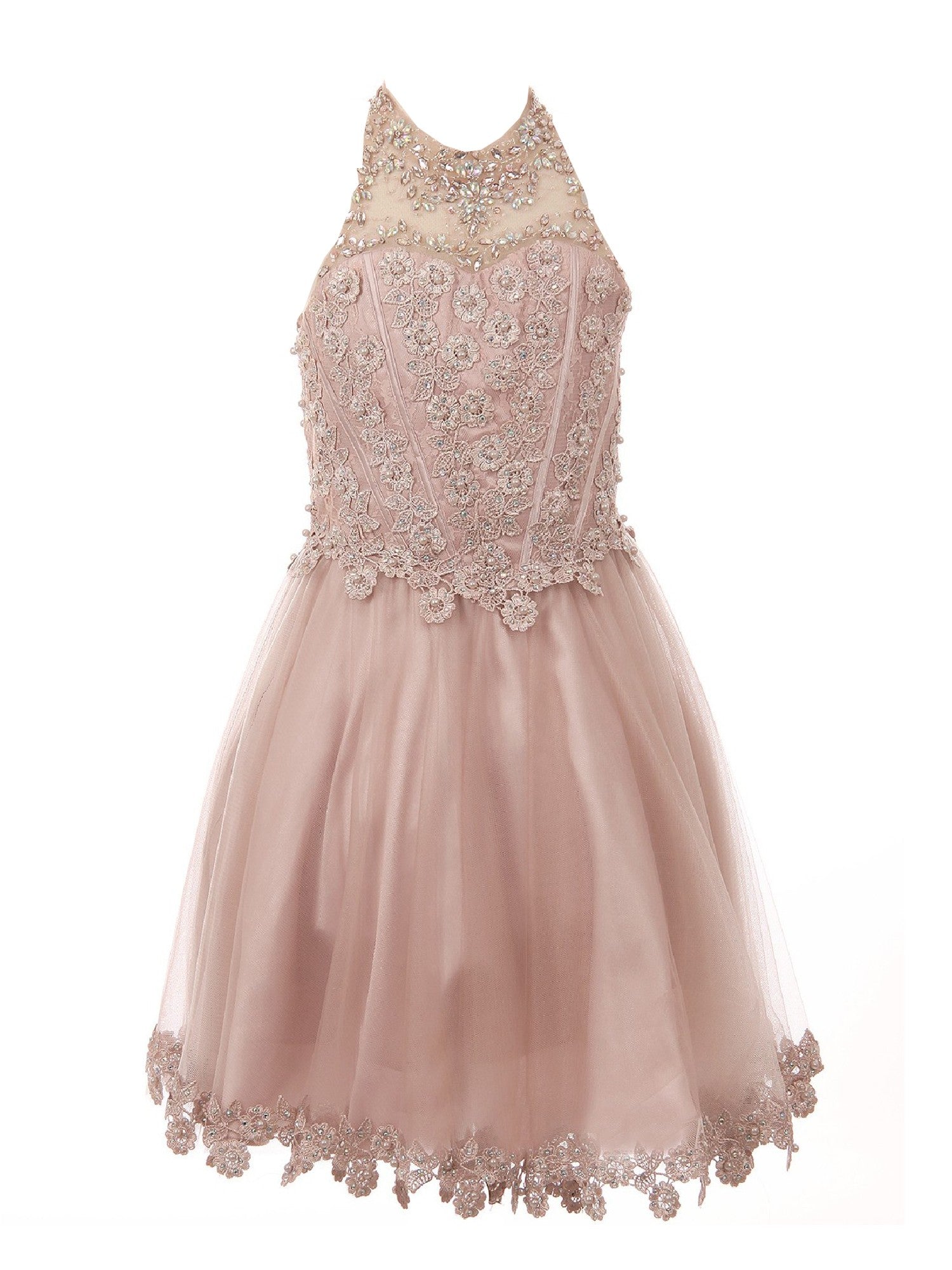 Cinderella Couture Big Girls Dusty Rose (Pink) Halter Neck Rhinestone Sequin Junior Bridesmaid Dress 8-16, Size: 8