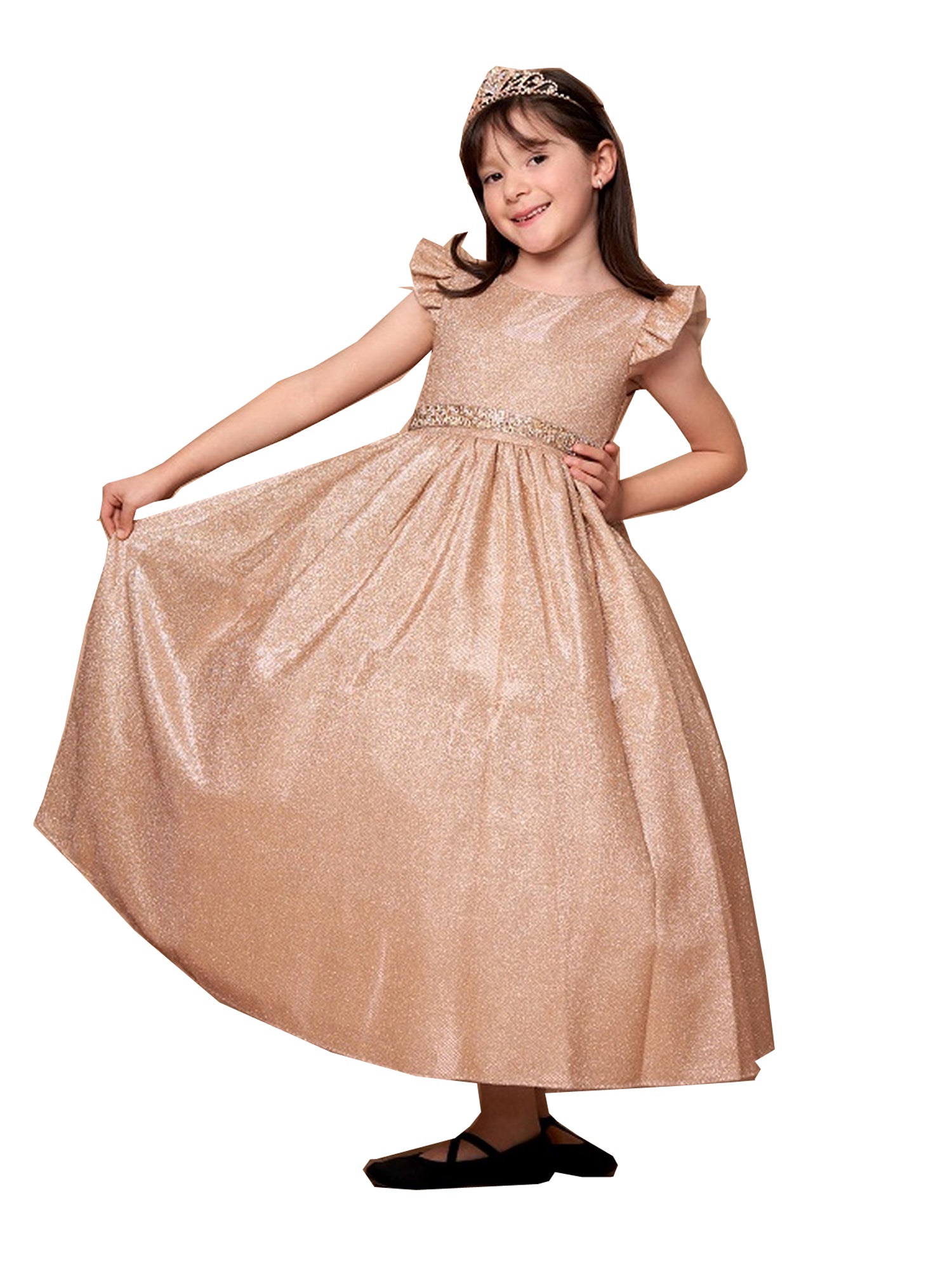 Little Girls Champagne Metallic Flutter Sleeve Flower Girl Dress 2-6 2