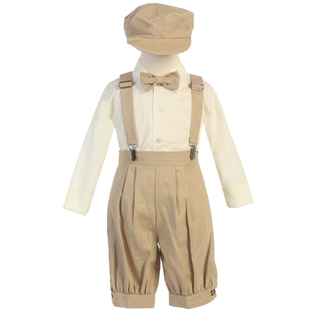Little Boys Khaki Adjustable Clip-On Suspender Pants Hat Set 2T-7