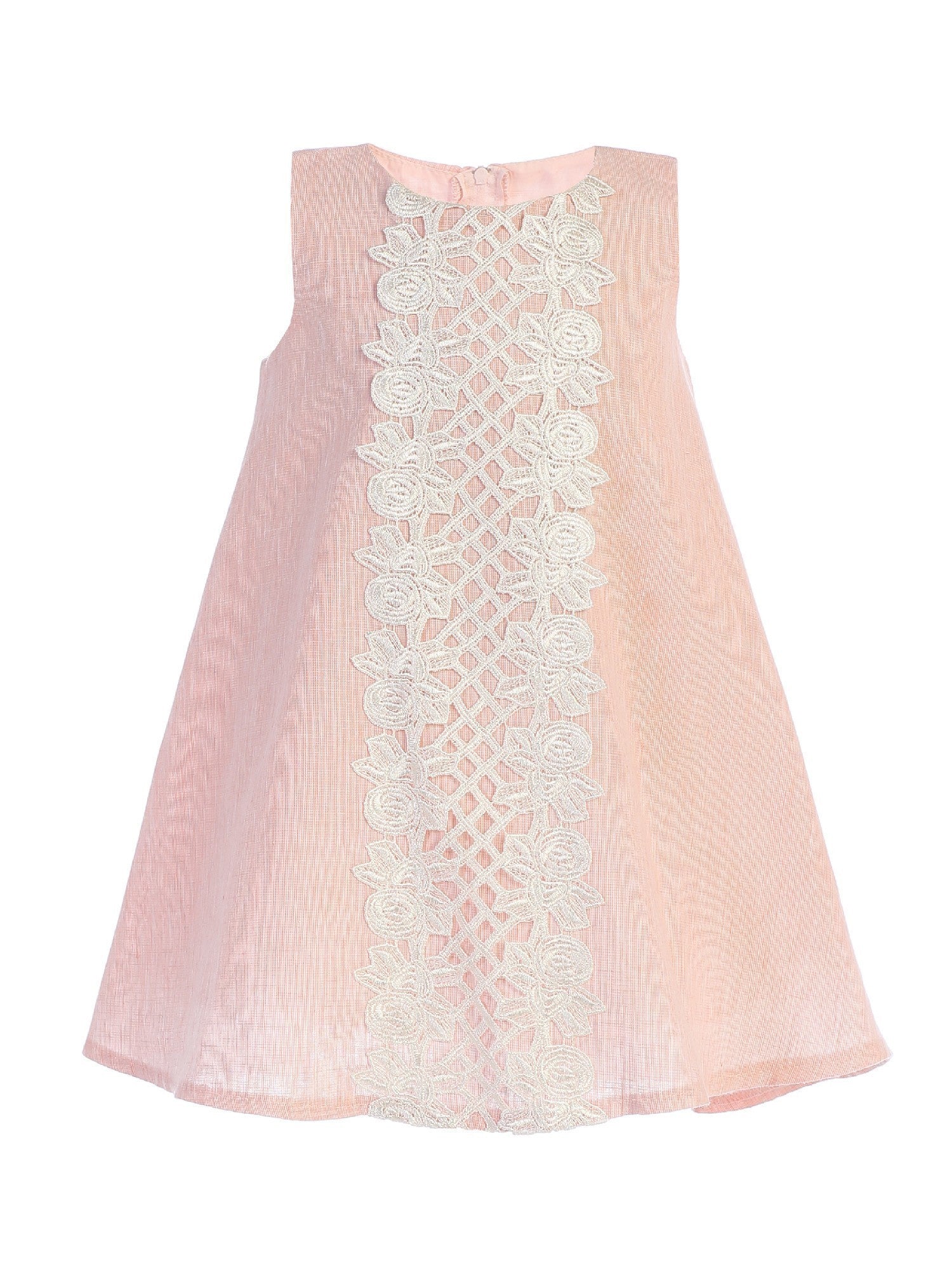Lito M741 Peach Cotton Linen A-Line Dress W/ Lace - Size: 2T | Pink Princess Lito M741 Peach Cotton Linen A-Line Dress W/ Lace - Size: 2T | Pink Princess