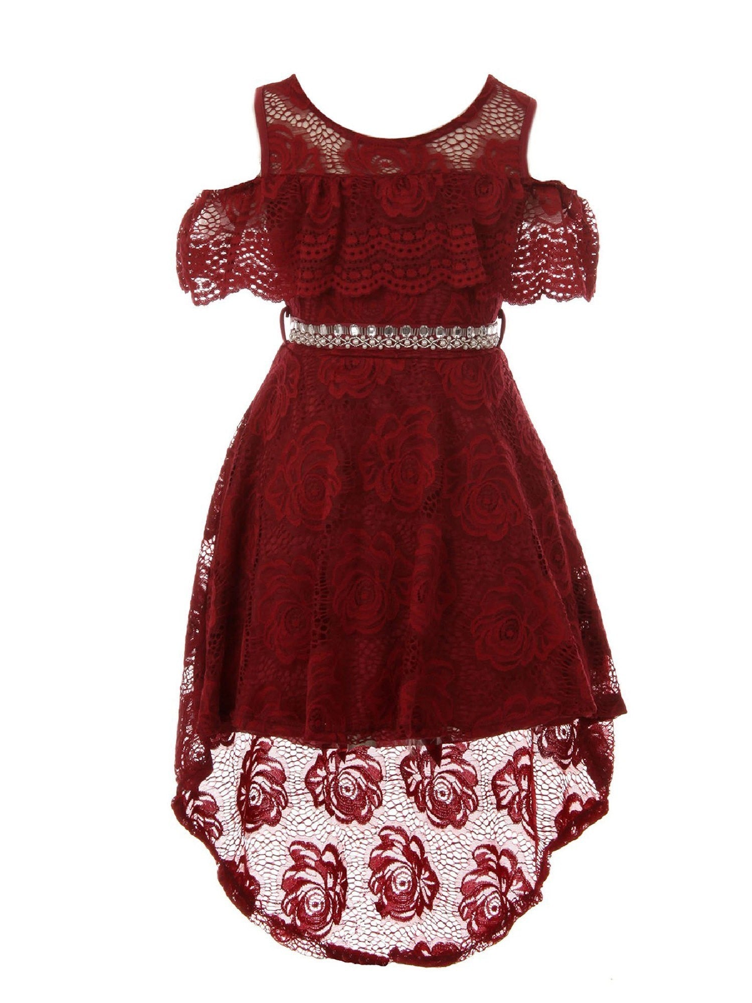 Girls High-Low Floral Lace Overlay Flower Girl Dress 4-14 SophiasStyle.com Girls High-Low Floral Lace Overlay Flower Girl Dress 4-14 SophiasStyle.com