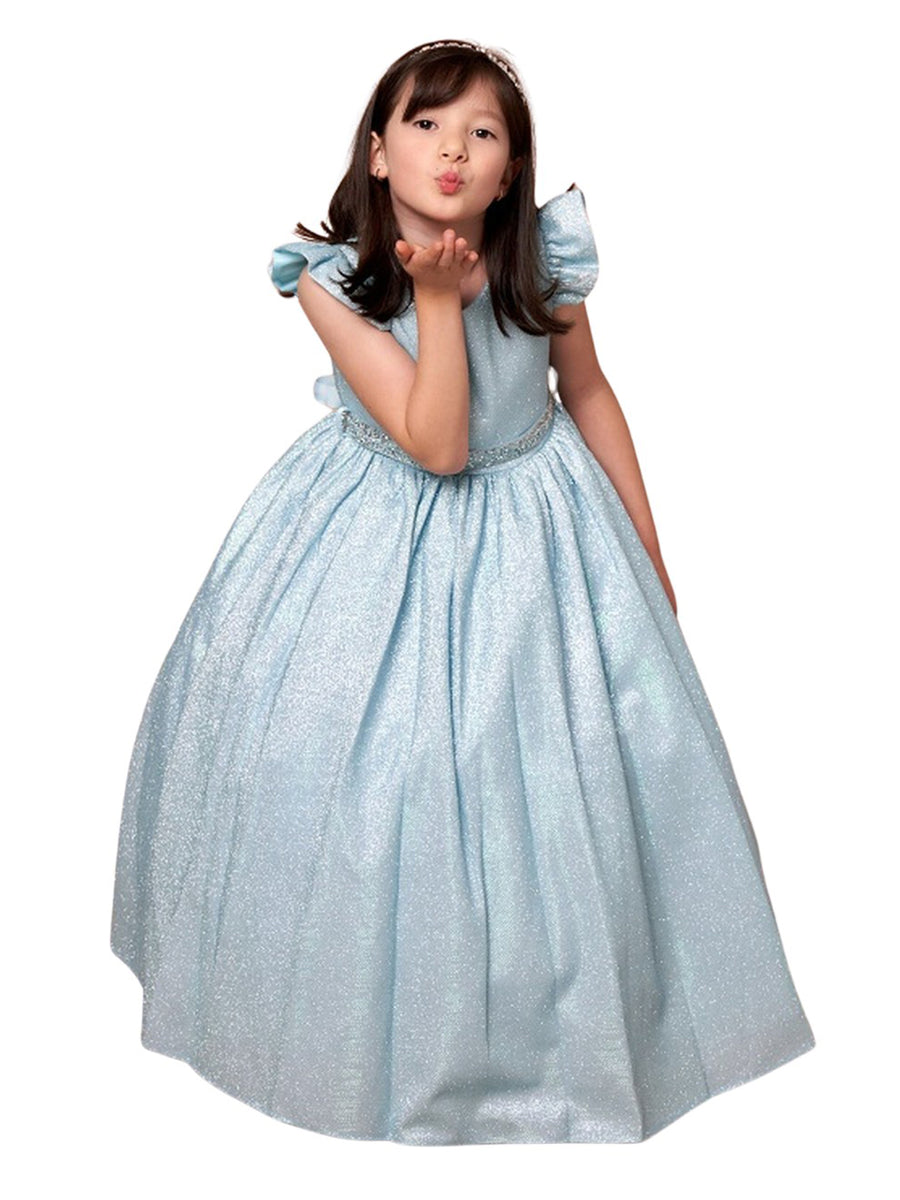 Little Girls Light Blue Metallic Flutter Sleeve Flower Girl Dress 2-6
