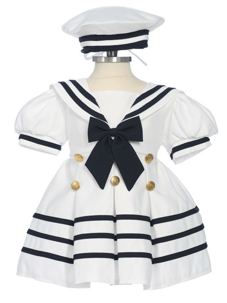 Rafael Baby Toddler Girls Bow Accent Nautical Dress Cap Outfit Set
