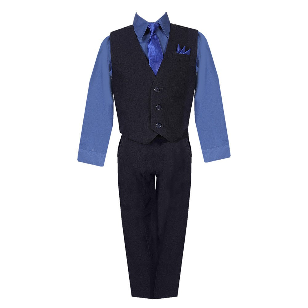 Rafael Collection Little Boys Black Navy Shirt Vest Pants Neck Tie Pocket Hanky 5 pcs Suit 2-7, Size: 4