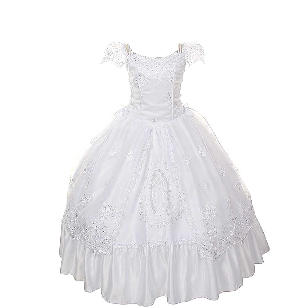 open lace back dress Bella Bow Lace and Organza Communion Dress with Rhinestones 32055 7 / White main image 0
