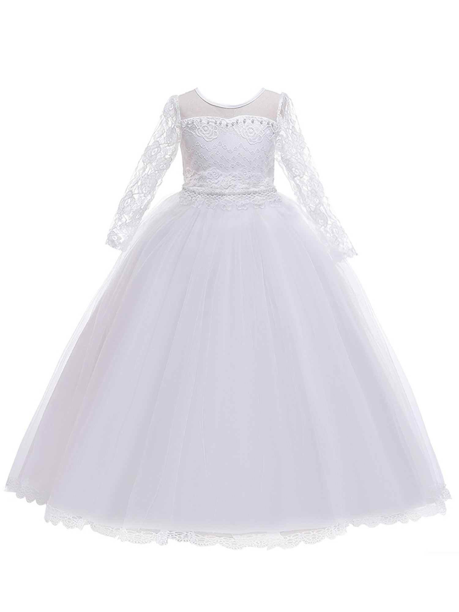 Rainkids White Lace Tulle Long Sleeve Sash Communion Dress Big Girls
