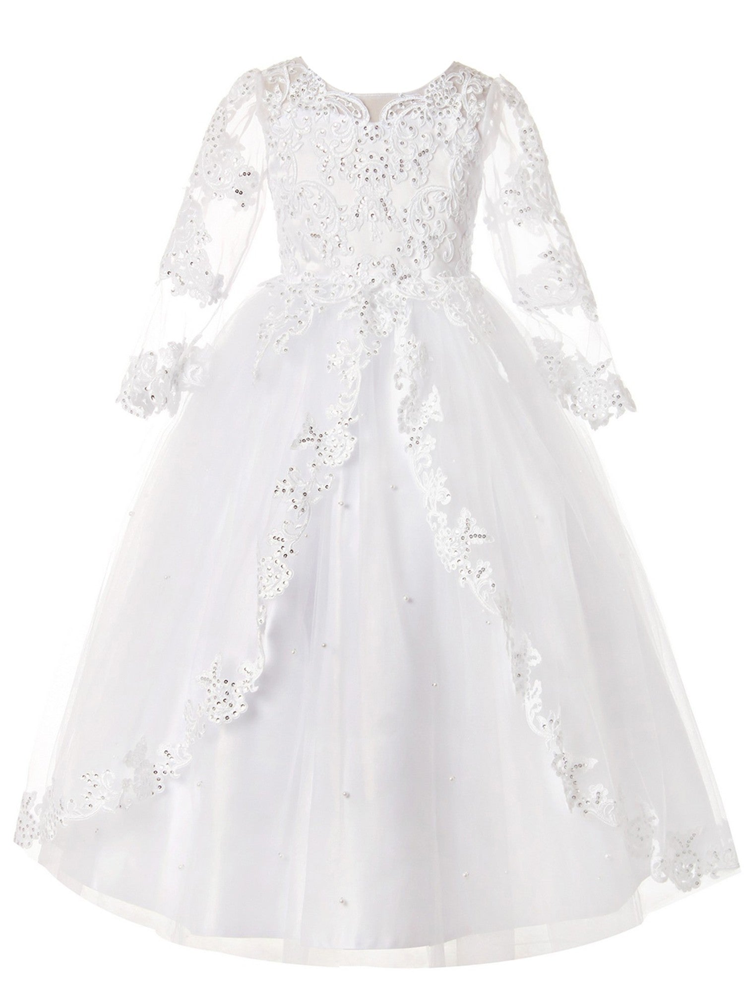 Rainkids White Long Sleeve Lace Sequins Plus Size Communion Dress Big Girls - Girls Plus 12.5 Rainkids White Long Sleeve Lace Sequins Plus Size Communion Dress Big Girls - Girls Plus 12.5