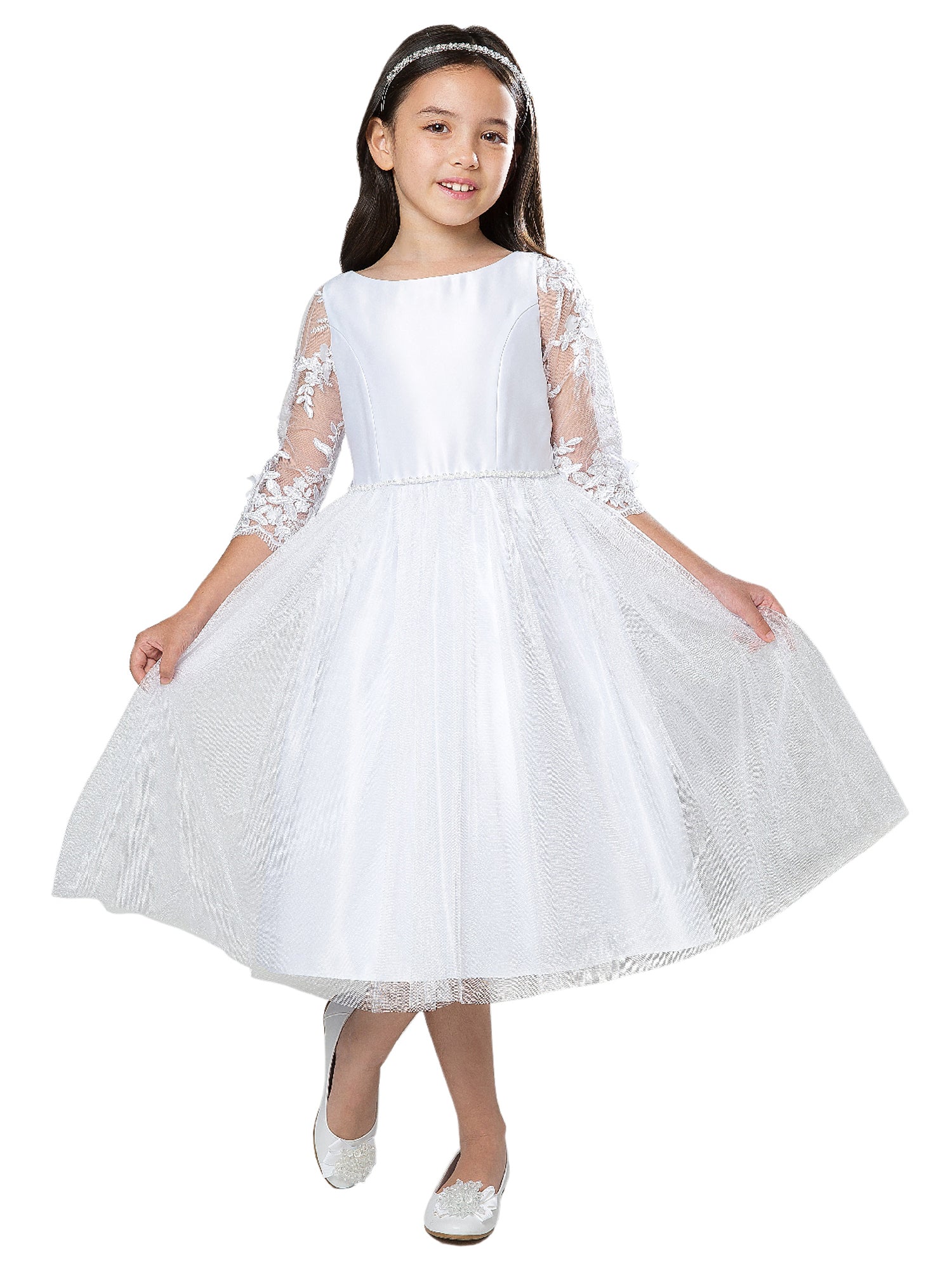 Big Girls White Flower Lace Sleeve Satin Crystal Tulle Communion Dress 7-12  from Sweet Kids at Sophia's Style – SophiasStyle.com